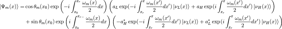 \ket{\Psi_{m}(x)}= &  \cos\theta_m(x_0) \exp\left( -i \int_{x_0}^{x_{r}} \frac{\omega_m(x)}{2} dx   \right)  \left(  a_L \exp( -i \int_{x_r}^x \frac{\omega_m(x')}{2}dx' ) \ket{\nu_L(x)}  + a_H \exp( i\int_{x_r}^x \frac{\omega_m(x')}{2}dx' ) \ket{\nu_H(x)}  \right)  \\
& + \sin\theta_m(x_{0}) \exp\left( i \int_{x_0}^{x_{r-}} \frac{\omega_m(x)}{2} dx \right)  \left(  -a_H^* \exp( -i \int_{x_r}^x \frac{\omega_m(x')}{2}dx' ) \ket{\nu_L(x)}  + a_L^* \exp( i\int_{x_r}^x \frac{\omega_m(x')}{2}dx' ) \ket{\nu_H(x)}  \right)